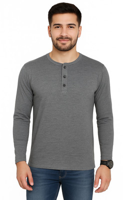 BEYOU FASHION Solid Men Henley Neck Grey T-Shirt