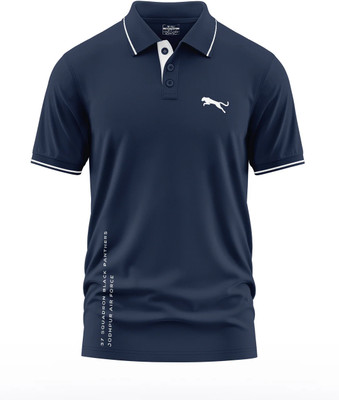Warriorworld Printed Men Polo Neck Navy Blue T-Shirt