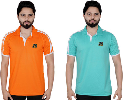 La Milano Printed, Striped Men Polo Neck Orange, Blue T-Shirt