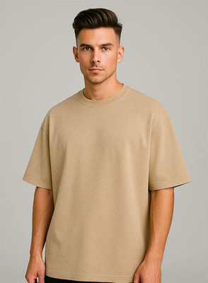 Hazuku Solid Men Round Neck Beige T-Shirt