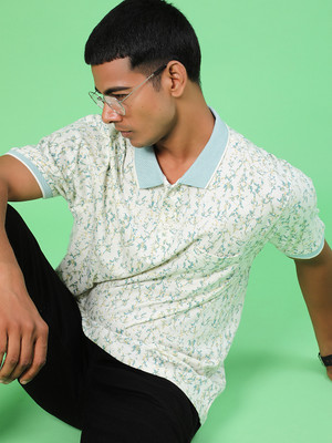 V-MART Printed Men Polo Neck White T-Shirt