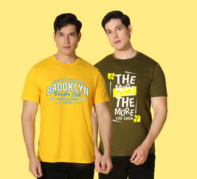 WOOSRTO Printed Men Round Neck Yellow, Green T-Shirt