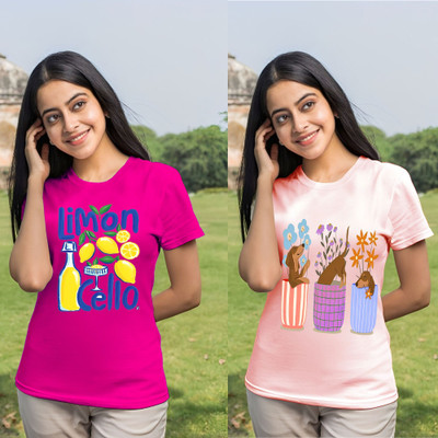 Kintu Parantu Printed Women Round Neck Pink T-Shirt