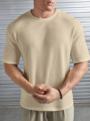 boombaam Self Design Men Round Neck Beige T-Shirt