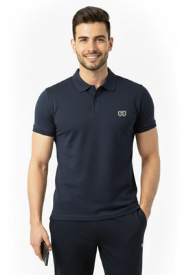 KWINGS Printed Men Polo Neck Navy Blue T-Shirt