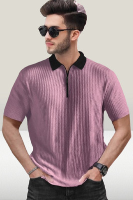 HOODLER Self Design Men Polo Neck Pink T-Shirt