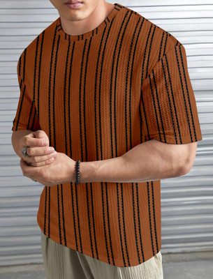 METRONAUT Striped Men Round Neck Brown, Black T-Shirt