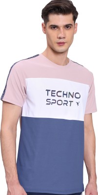 TECHNOSPORT Typography Men Round Neck White, Pink, Dark Blue T-Shirt