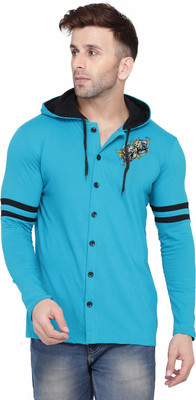 GEUM Solid Men Hooded Neck Light Green T-Shirt