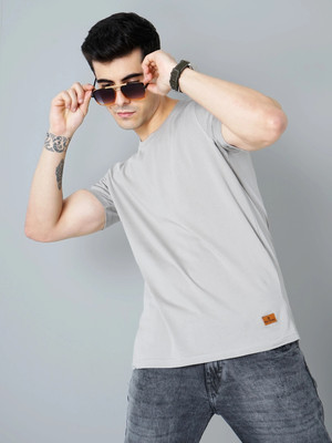 Paul Street Solid Men Round Neck Silver T-Shirt
