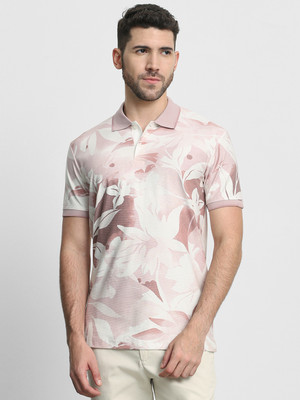 MUFTI Floral Print Men Polo Neck Pink T-Shirt