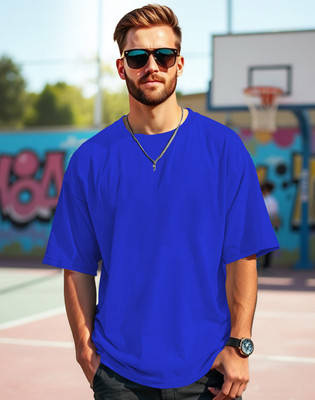 TeeBrozz Solid Men Round Neck Blue T-Shirt