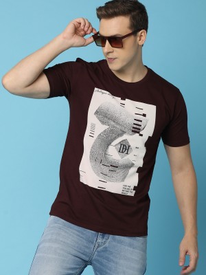 UNLIMITED Printed Men Round Neck Maroon T-Shirt