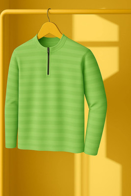KASPY Striped Men Zip Neck Light Green T-Shirt