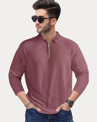 TOIX Self Design Men Polo Neck Pink T-Shirt