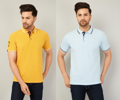 We Perfect Solid Men Polo Neck Yellow, Blue T-Shirt