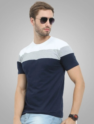 Reya Solid Men Round Neck Blue, White T-Shirt