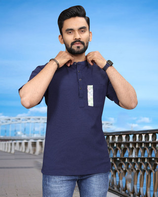 METRONAUT Solid Men Mandarin Collar Blue T-Shirt