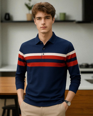 Teezler Solid Men Polo Neck Navy Blue T-Shirt
