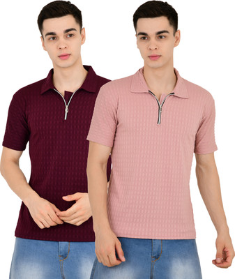 KEOTI Self Design Men Polo Neck Maroon, Pink T-Shirt