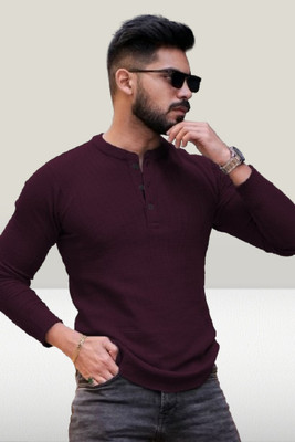HOODLER Self Design Men Mandarin Collar Maroon T-Shirt