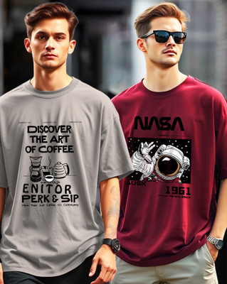 ENITOR Printed Men Round Neck Grey, Maroon T-Shirt