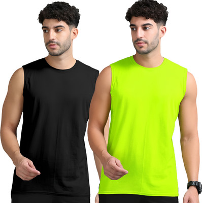 Adorbs Solid Men Round Neck Black, Green T-Shirt