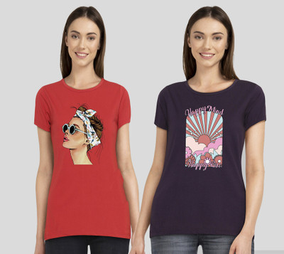 CHOZI Printed Women Round Neck Red, Purple T-Shirt