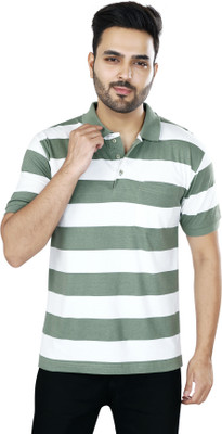 NEO GARMENTS Striped Men Polo Neck Light Green, White T-Shirt