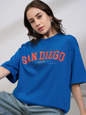 Tokyo Talkies Printed Women Round Neck Blue T-Shirt