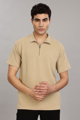 FASHLOOK Solid Men Polo Neck Beige T-Shirt