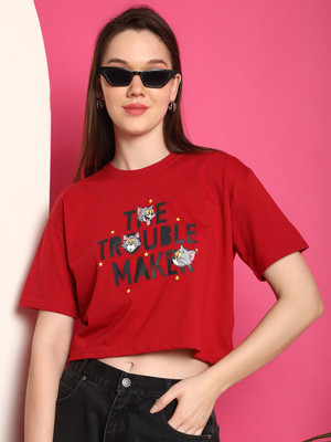 DreamBe Printed Women Round Neck Red T-Shirt