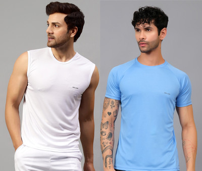 UDI n ADI Self Design Men Round Neck White, Light Blue T-Shirt