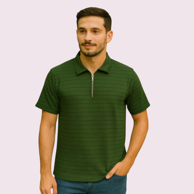 METRONAUT Striped Men Zip Neck Dark Green T-Shirt