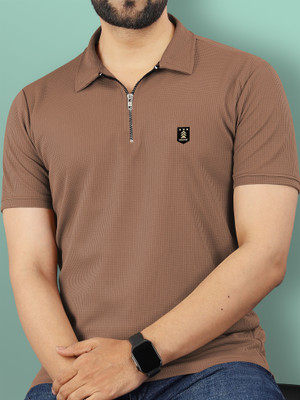 VeBNoR Solid Men Zip Neck Brown T-Shirt