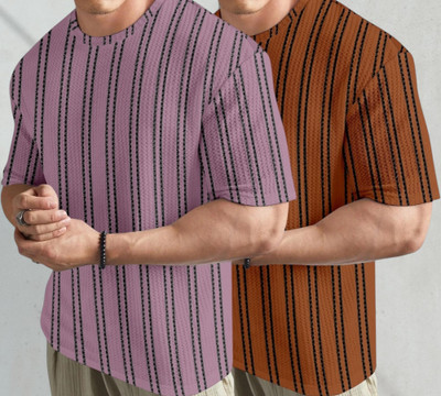 BELPATRA Striped, Self Design Men Round Neck Pink, Orange T-Shirt
