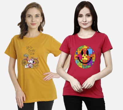 METRONAUT Printed Women Round Neck Red, Yellow T-Shirt