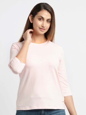 Status Quo Solid Women Round Neck Pink T-Shirt