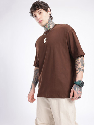Glitchez Printed Men Round Neck Brown T-Shirt