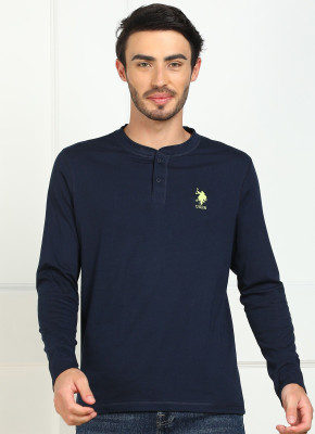 U.S. POLO ASSN. Solid Men Henley Neck Navy Blue T-Shirt