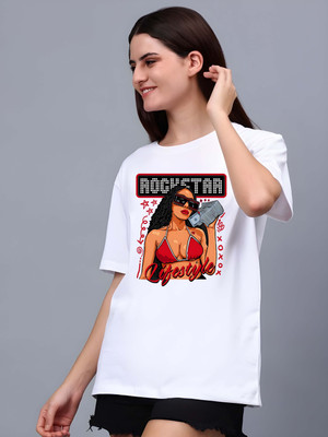 Kaido Printed Women Round Neck White T-Shirt