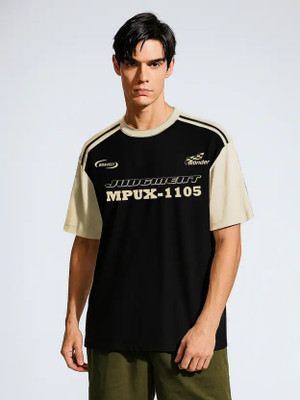 Jump Cuts Printed Men Round Neck Black T-Shirt