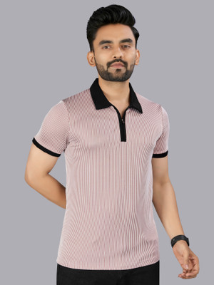 FTX Striped Men Zip Neck Beige T-Shirt