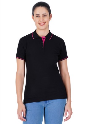 Pink Olive Solid Women Polo Neck Black T-Shirt