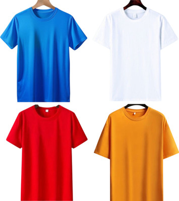 P collection Solid Men Round Neck Orange, White, Red, Blue T-Shirt