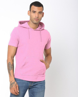 Eddicted Solid Men Hooded Neck Pink T-Shirt