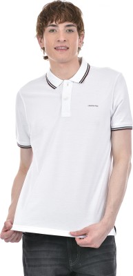 London Fog Striped Men Polo Neck White T-Shirt