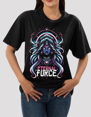 AZALMULTI Printed Women Round Neck Black T-Shirt