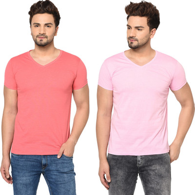 Tresna Trendy Solid Men V Neck Red, Pink T-Shirt