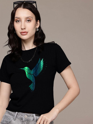 Moda Rapido Graphic Print Women Round Neck Black T-Shirt